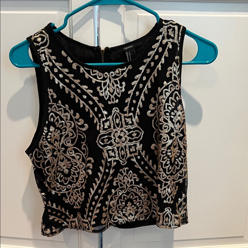 Forever 21 Black Crop Top with Gold Sequin Embellishment